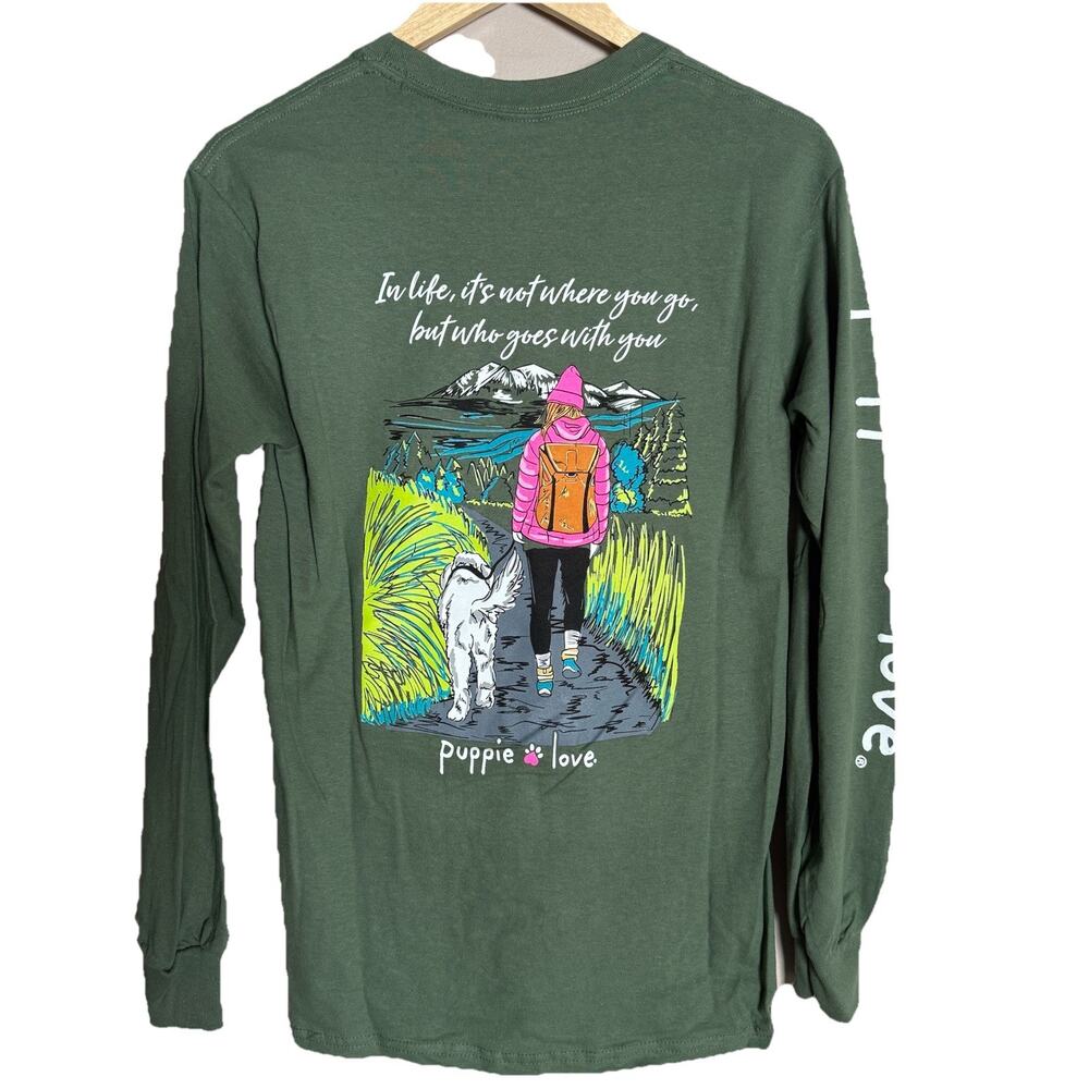 Puppie Love NEW w/Tag Hiking Pup Long Sleeve, Green, 100% Cotton Tee Shirt Small - Picture 3 of 9